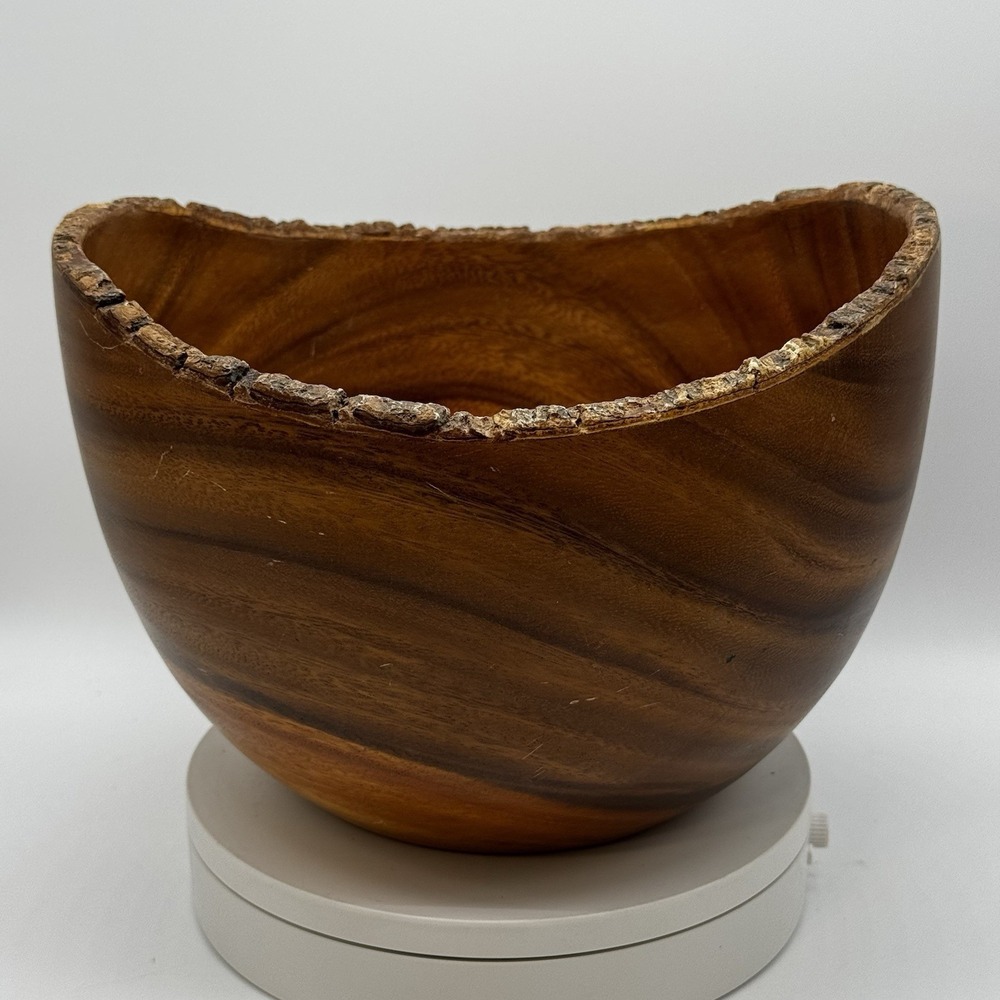 Pottery Barn Bark Rim Acacia Wood Serving Bowl Decor 10" X 7" READ Video